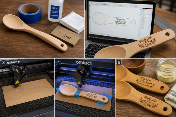 laser engraving wooden spoons, covering prep and masking, building a custom cardboard jig