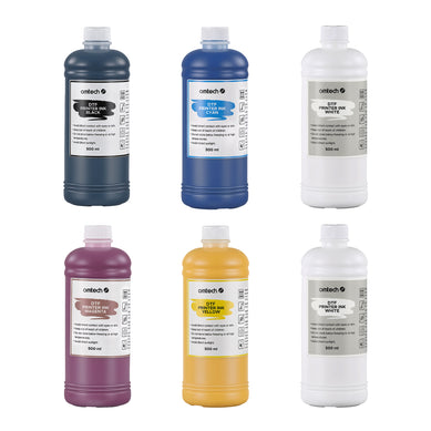 Lot de 6 flacons d'encre DTF OMTech, kit de recharge CMJN+BB (6 × 500 ml) pour impression sur film de transfert thermique
