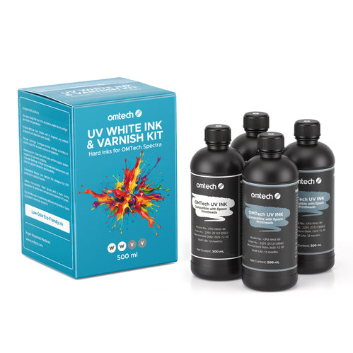 Kit d'encres UV OMTech (4 bouteilles de 500 ml) : encre blanche et vernis brillant
