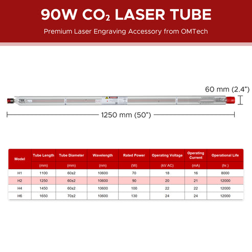 90W YL H2 Tube Laser CO2 pour les machines de gravure de haute puissance